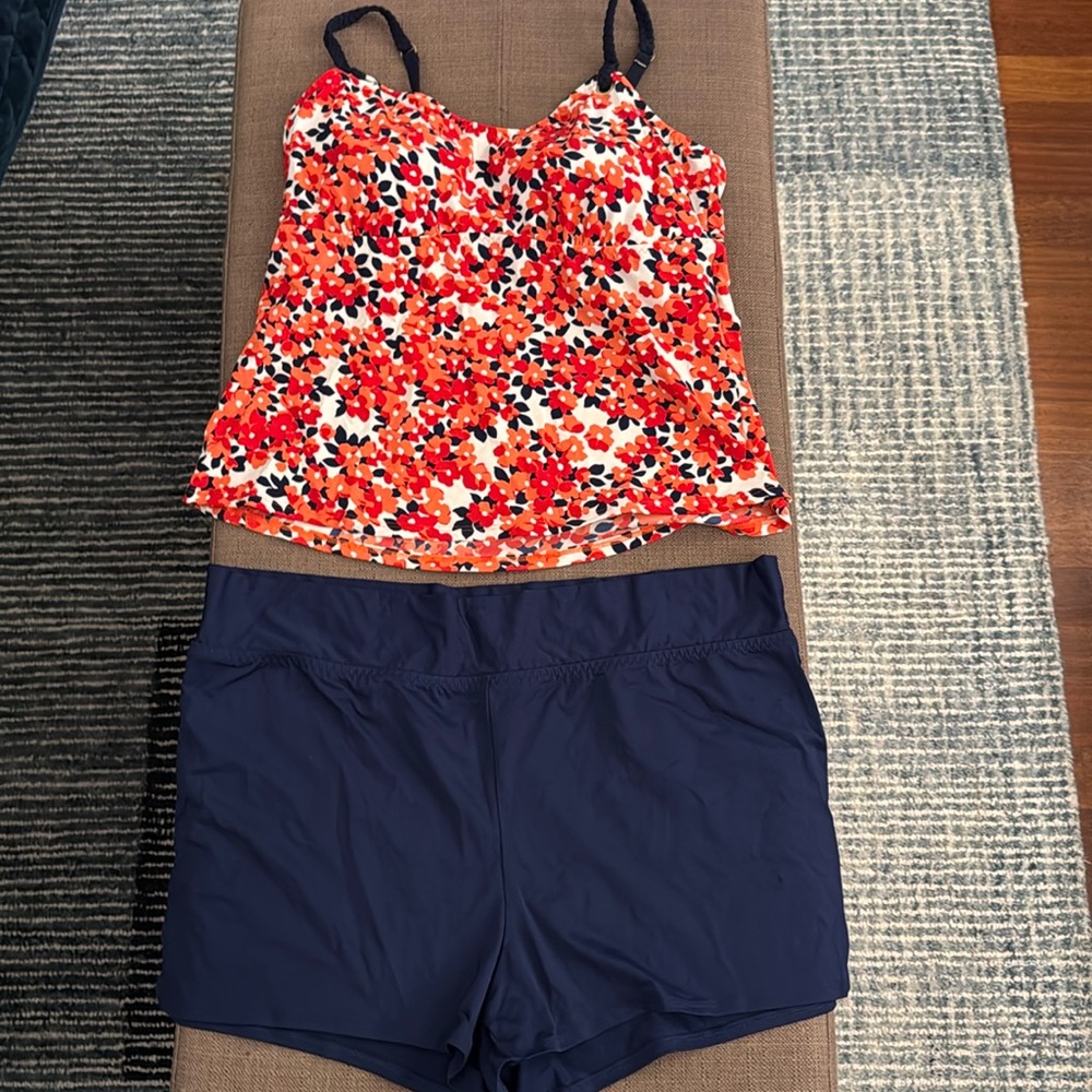 Lands' End Floral Tankini Top and Navy Swim Shorts